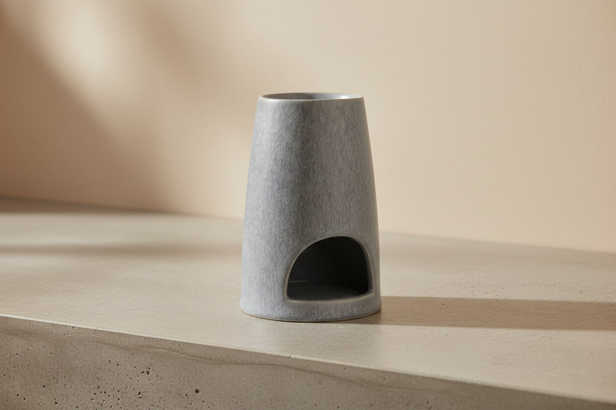 Grey Wax Melter with a cylindrical shape on a concrete and beige background