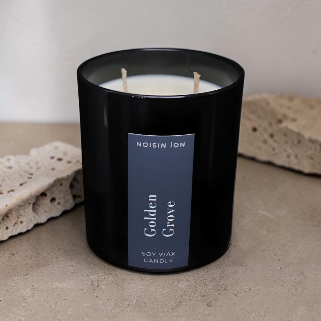 Golden Grove luxury soy wax candle in a black gloss jar with warm citrus and woodland-inspired fragrance by Nóisin Íon.