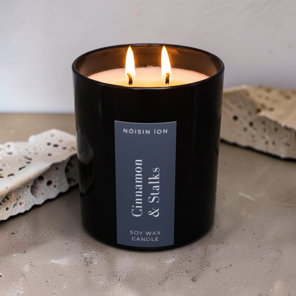 Lit Cinnamon & Stalks luxury soy wax candle in a black gloss jar with a dark navy label by Nóisin Íon.