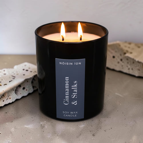 Lit Cinnamon & Stalks luxury soy wax candle in a black gloss jar with a dark navy label by Nóisin Íon.