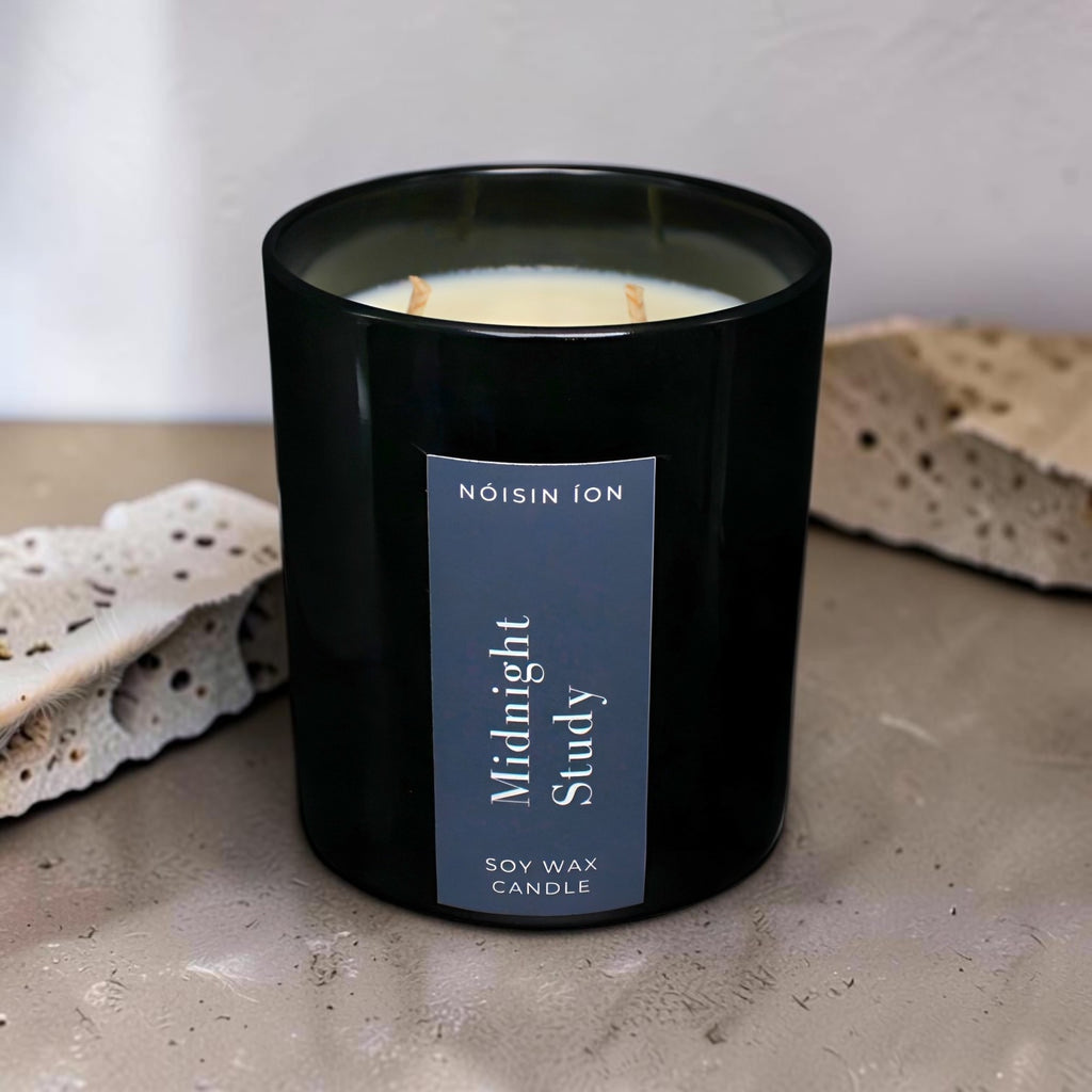Midnight Study luxury soy wax candle in a black gloss jar with a dark navy label by Nóisin Íon.