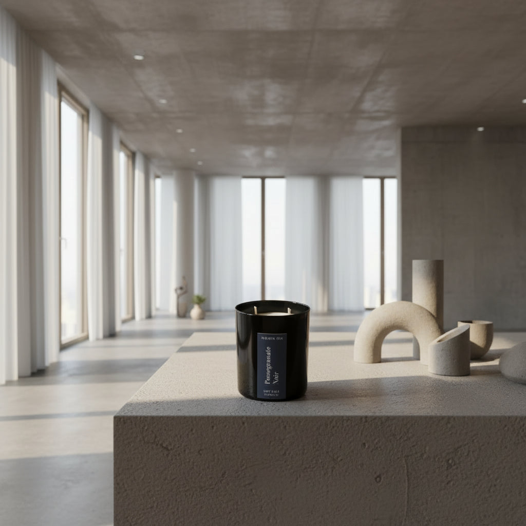 Pomegranate Noir luxury soy wax candle in a black gloss jar with a dark navy label by Nóisin Íon in a minimalistic concrete modern room